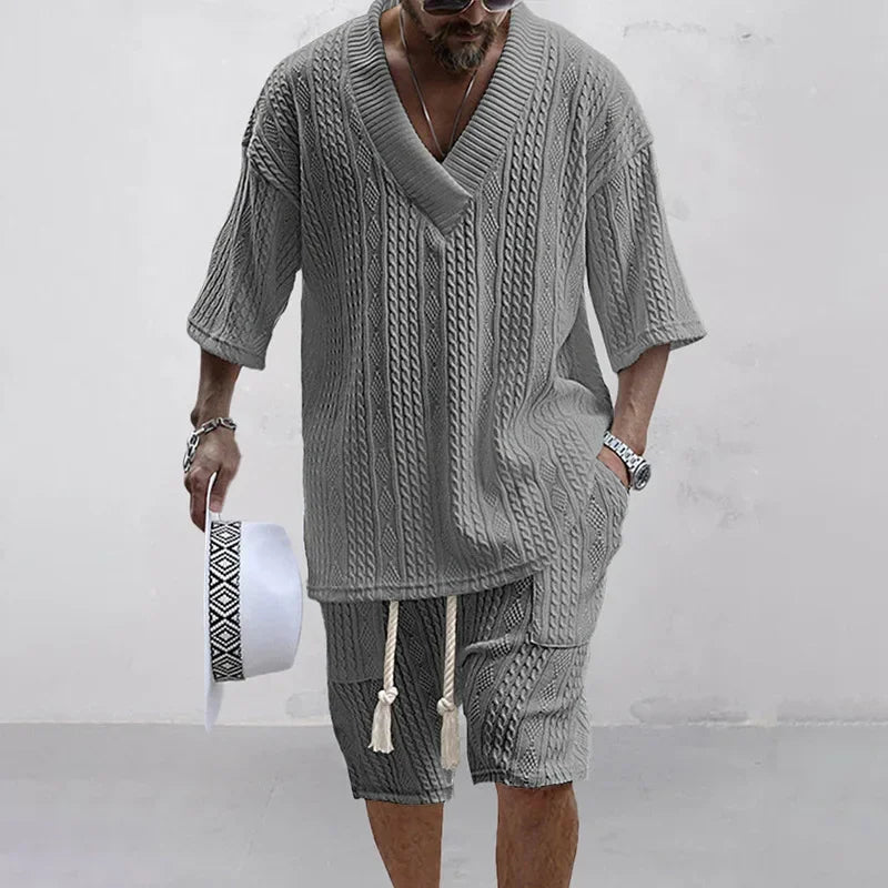 2024 Spring and Summer Casual Shorts Set Knitted Two Piece Men's V-neck Short Sleeve T-shirt and Shorts Street Wear Knitted Set