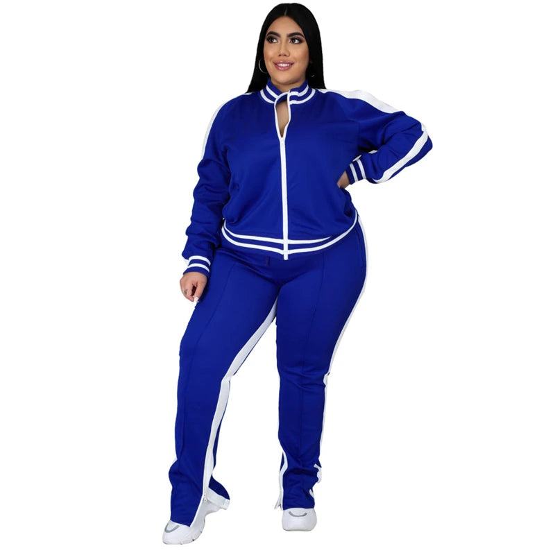 Ensemble Deux Pièces Grande Taille L-5XL Femme Survêtement Top Rayé à Fermeture Éclair Pantalon de Jogging Fendu Tenue Assortie