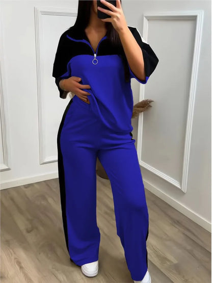Fashion Color-blocked Short Sleeved Sweatshirt T Shirt Women's Suit Summer Casual Loose Elastic Waist Sports Trousers 2piece Set