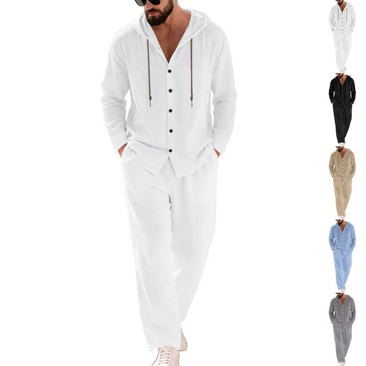 Ensemble 2 Pièces Homme Lin - Chemise Décontractée et Pantalon Droit avec Chapeau Été Plage Style Américain