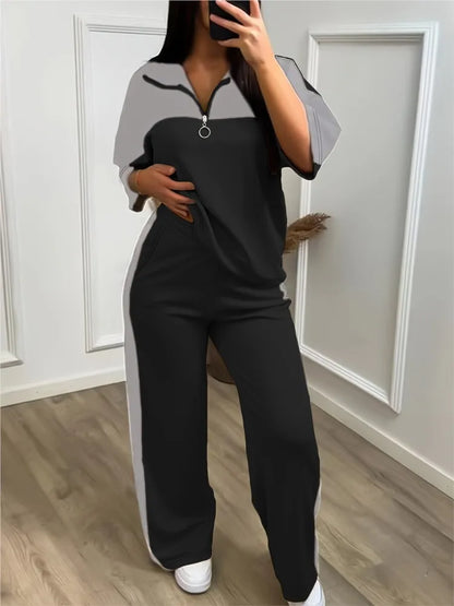 Fashion Color-blocked Short Sleeved Sweatshirt T Shirt Women's Suit Summer Casual Loose Elastic Waist Sports Trousers 2piece Set