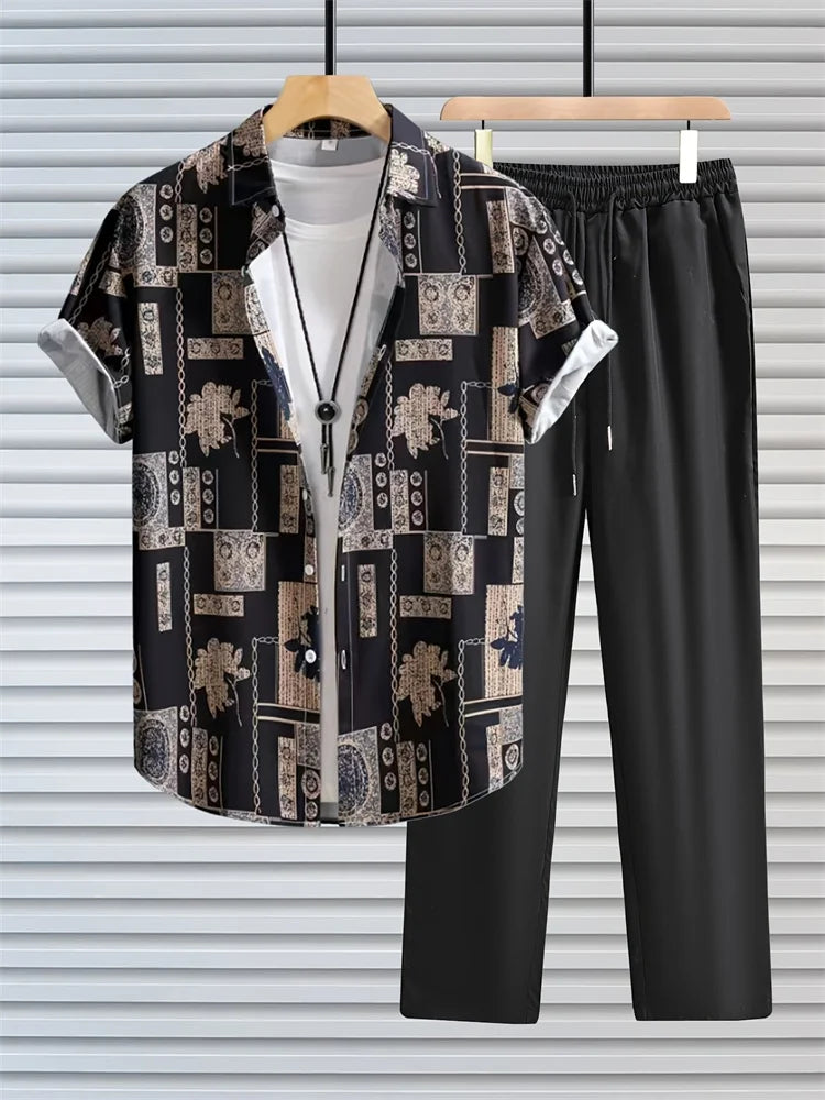 2025 Autumn Simple Striped 3D Printed Men's Casual Shirt 2pcs Set, Urban Street Fashion Loose Men's Top And Trousers S-2XL