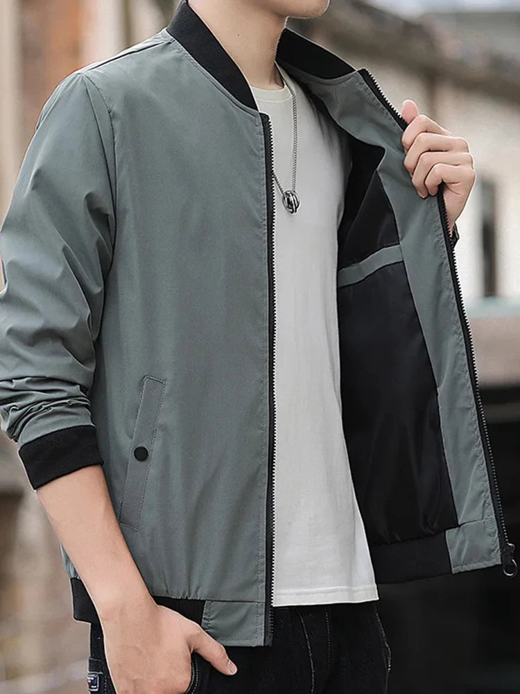 Mode décontractée pour hommes Tendance Coupe-vent Sports de plein air Veste à fermeture éclair Couleur unie Manches longues Manteau d'aviateur chaud et contre le froid