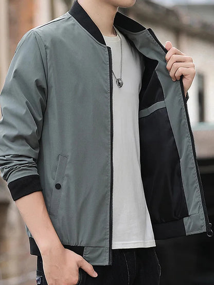Mode décontractée pour hommes Tendance Coupe-vent Sports de plein air Veste à fermeture éclair Couleur unie Manches longues Manteau d'aviateur chaud et contre le froid