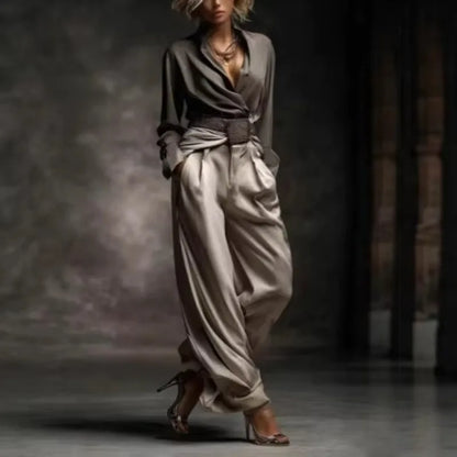 Ensemble Pantalon Large en Satin Vintage pour Femme 2026 Automne Hiver Chemise à Manches Longues Col V Croisé Pantalon Drapé Taille Haute 2 Pièces