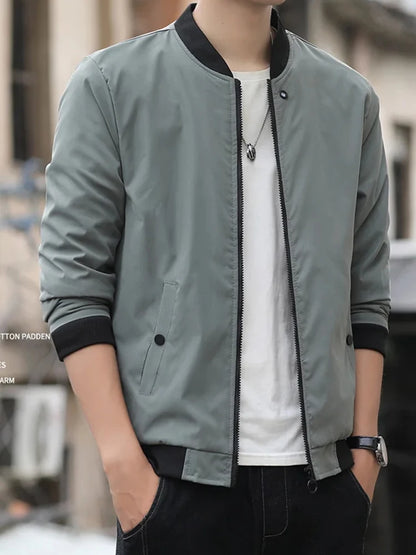 Mode décontractée pour hommes Tendance Coupe-vent Sports de plein air Veste à fermeture éclair Couleur unie Manches longues Manteau d'aviateur chaud et contre le froid