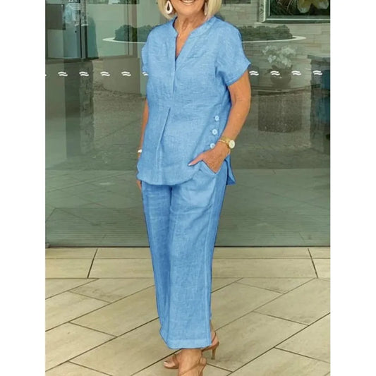 Fashion Cotton Linen Short Sleeved Women Shirt Pants Suit Spring Summer New Simple Casual Pocket Pants Female Office 2 Piece Set