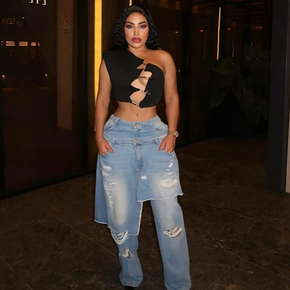 Pantalons en denim à la mode pour femmes, tenue de rue, nouveau 2026, automne-hiver, stretch, vintage Y2k, pantalons tablier Overup, jeans droits déchirés