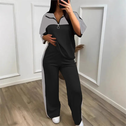 Fashion Color-blocked Short Sleeved Sweatshirt T Shirt Women's Suit Summer Casual Loose Elastic Waist Sports Trousers 2piece Set