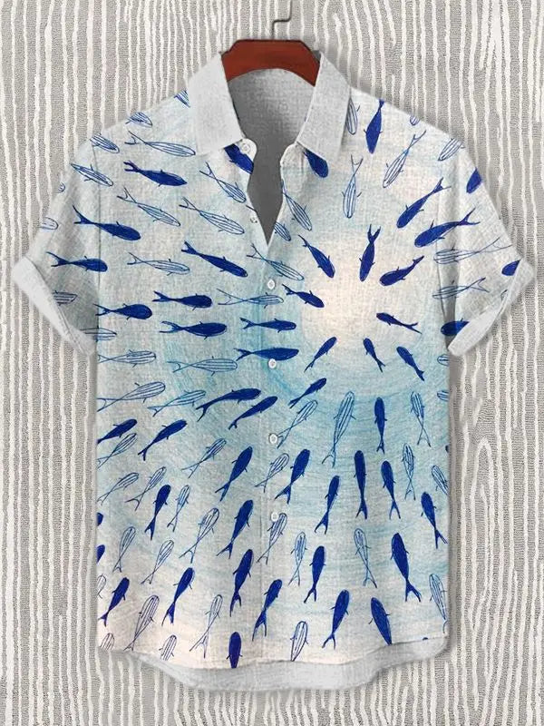 Chemise d'été pour hommes décontractée à manches courtes avec motif vie marine, chemise à boutons et col, hauts surdimensionnés, chemise hawaïenne décontractée pour hommes