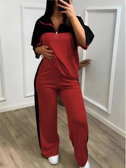 Fashion Color-blocked Short Sleeved Sweatshirt T Shirt Women's Suit Summer Casual Loose Elastic Waist Sports Trousers 2piece Set