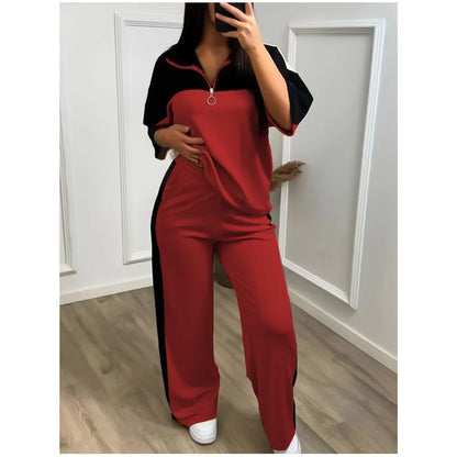 Fashion Color-blocked Short Sleeved Sweatshirt T Shirt Women's Suit Summer Casual Loose Elastic Waist Sports Trousers 2piece Set