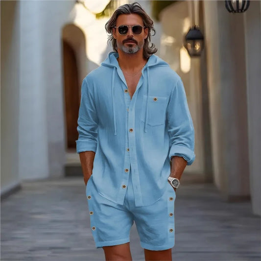 Costume décontracté pour hommes en coton et lin Hawaii 2025, été, nouveau, chemise à capuche unie à manches longues et short pour hommes, ensemble 2 pièces