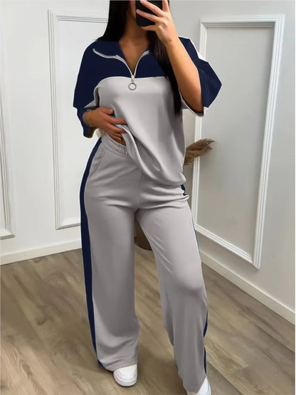 Fashion Color-blocked Short Sleeved Sweatshirt T Shirt Women's Suit Summer Casual Loose Elastic Waist Sports Trousers 2piece Set