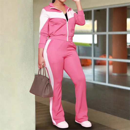 Women's Fashion Two-color Zipper Long-sleeved Sweatshirt Long Pants 2 Piece Set Casual Cardigan Coat Long Pants Female Set 2025
