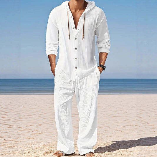 Men's Linen Long-Sleeved Shirt And Pants Set Breathable Outdoor Leisure Hiking Beach Sports Clothing for Spring Summer Autumn