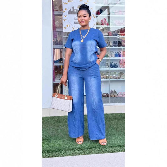 Ensemble deux pièces pour femme : haut en jean à col rond et manches courtes, pantalon long ample et large à taille haute, style streetwear Y2K