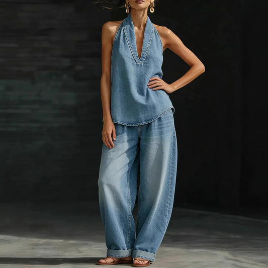 Ensemble 2 pièces tendance printemps-été 2026 pour femme : haut dos nu sexy, pantalon droit en denim à boutons et lacets