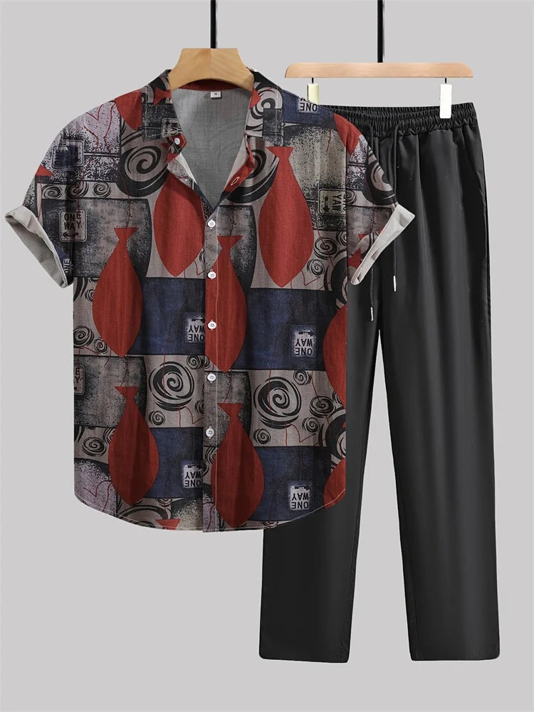 2025 Autumn Simple Striped 3D Printed Men's Casual Shirt 2pcs Set, Urban Street Fashion Loose Men's Top And Trousers S-2XL