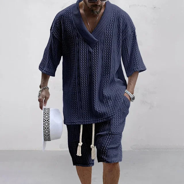 2024 Spring and Summer Casual Shorts Set Knitted Two Piece Men's V-neck Short Sleeve T-shirt and Shorts Street Wear Knitted Set