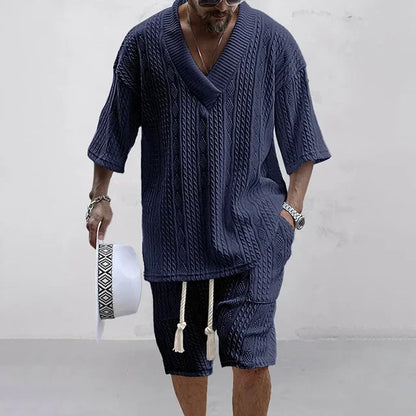 2024 Spring and Summer Casual Shorts Set Knitted Two Piece Men's V-neck Short Sleeve T-shirt and Shorts Street Wear Knitted Set